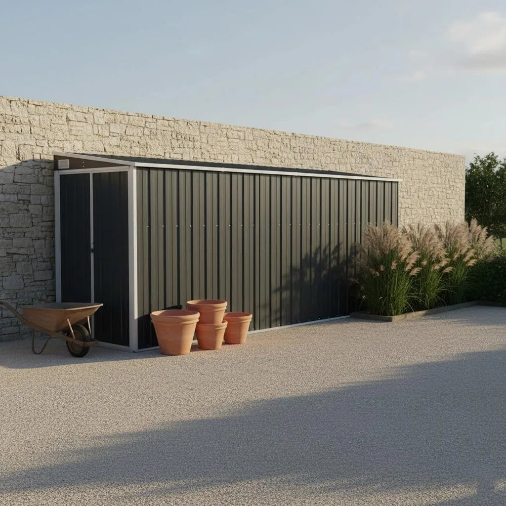 Anthracite Abri adossé, avec Espace de Rangement supplémentaire, de Rangement pour Outils et mobilier de Jardin., dimensions 118 x 382 x 178 cm