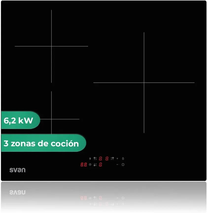 Plaque à induction SI3602B Svan,. 3 Zones de Cuisson, Verre finition noire, Arrêt automatique, Minuteur, puissance 6200 W, 9 Niveaux de Puissance
