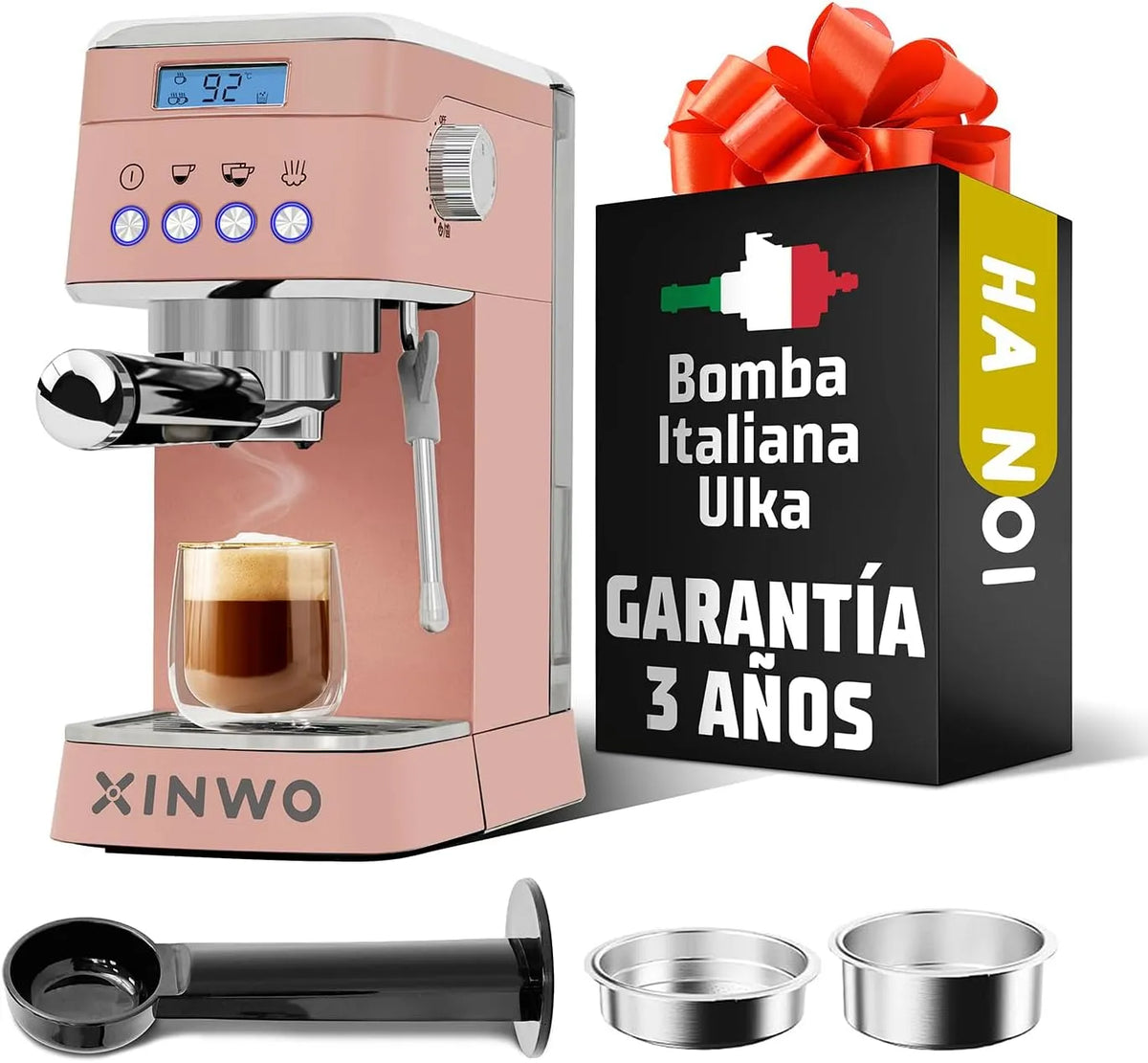 Machine à café Hanoi |, Espresso 20 Bars avec Mousseur à Lait Intégré, Porte-Filtre Double, Inox, Accessoires Inclus, Latte, capacité 1,2 L, Moka