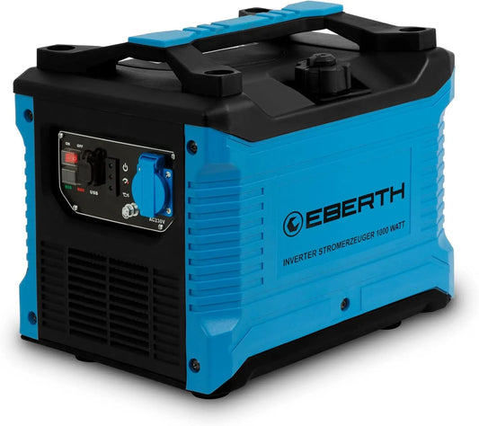 Générateur électrique EBERTH, d'Électricité Inverter Silencieux 1000 W, Moteur à Essence 2 CV, 4 temps, 1x 230V et 2x prise USB, Groupe Électrogène
