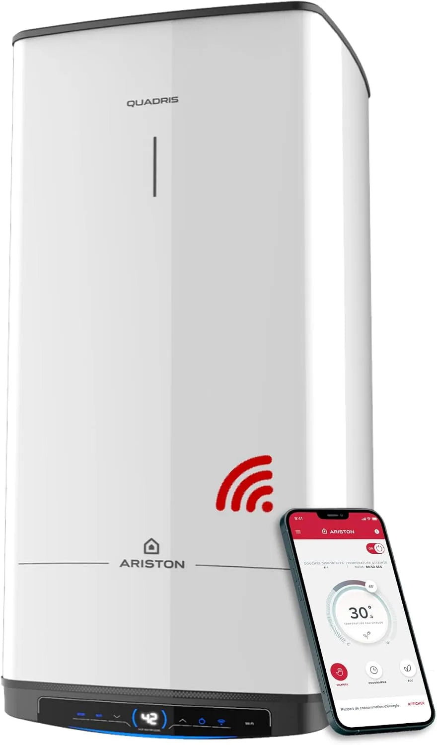 Ariston modèle, Quadris WiFi 100L 1m2, 25% d'Économie d'Énergie, capacité 100L, Chauffe Eau Électrique Compact, Intelligent, Connecté, Stéatite