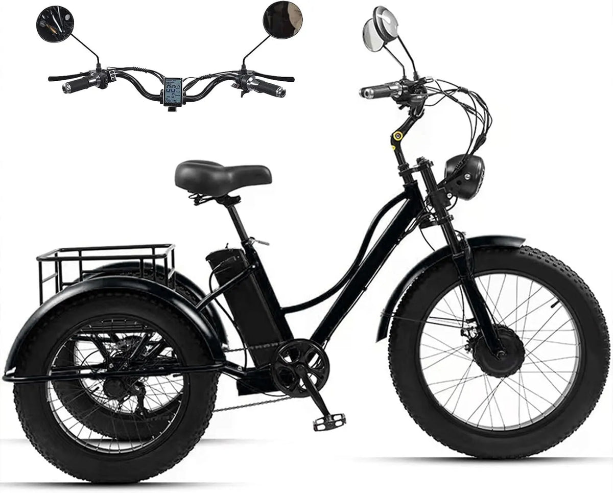 Tricycle électrique, 7 niveaux de vitesse Pour Adultes, Pneus Larges 24'' X 4.0, Batterie 48 V 18 Ah, Grand Panier De Rangement, écran Lcd