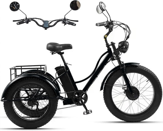 Tricycle électrique, 7 niveaux de vitesse Pour Adultes, Pneus Larges 24'' X 4.0, Batterie 48 V 18 Ah, Grand Panier De Rangement, écran Lcd