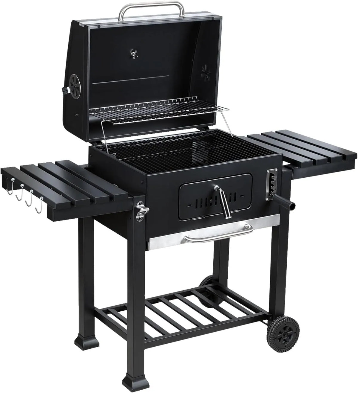 Barbecue, 2 étagères pliables et grille de maintien au chaud, Idéal pour le jardin, au charbon de bois avec couvercle et thermomètre, la