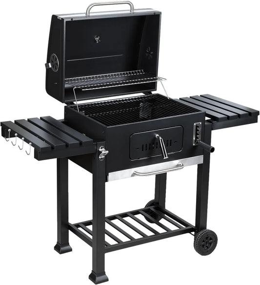 Barbecue, 2 étagères pliables et grille de maintien au chaud, Idéal pour le jardin, au charbon de bois avec couvercle et thermomètre, la