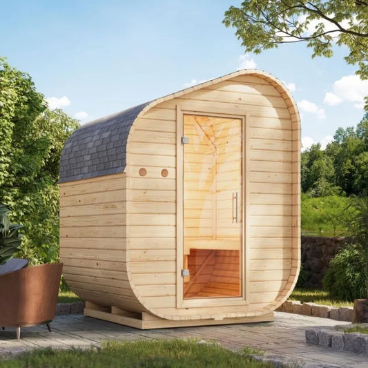 Extérieur Tonneau Asymétrique Karibu Sauna, 2-4 Places, Toit Isolant, Bois Massif Épicéa Nordique 38mm, dimensions 199x175cm, Porte Vitré