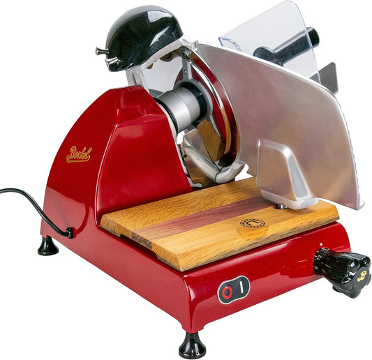 Trancheuse 1179, Berkel Red Line 250 professionnelle rouge + planche à découper en bois de vieux fût de vin, spéciale au lieu de