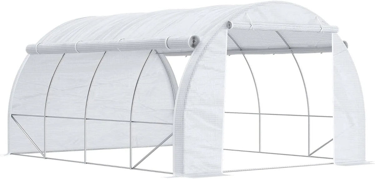 Outsunny serre de jardin, 12 m² dim. 4L x 3l x 2H m avec Porte + parois latérales zippées enroulables, Acier PE Haute densité 140 g, 8 fenêtres