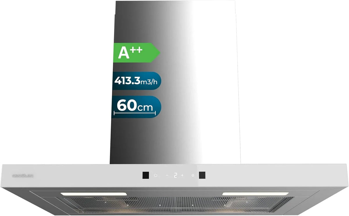 Cecotec hotte aspirante 604400, largeur 60 cm, 413,3 m³/h, en Forme de T Bolero Flux TT Inox A++, Fonction Booster, classe énergétique A++