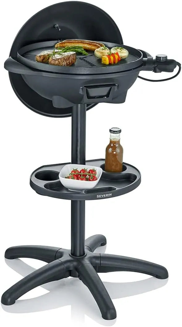Severin barbecue PG 8541, électrique 2 000 W avec grille en fonte d'aluminium, sur pieds avec couvercle et thermomètre intégré, finition noire