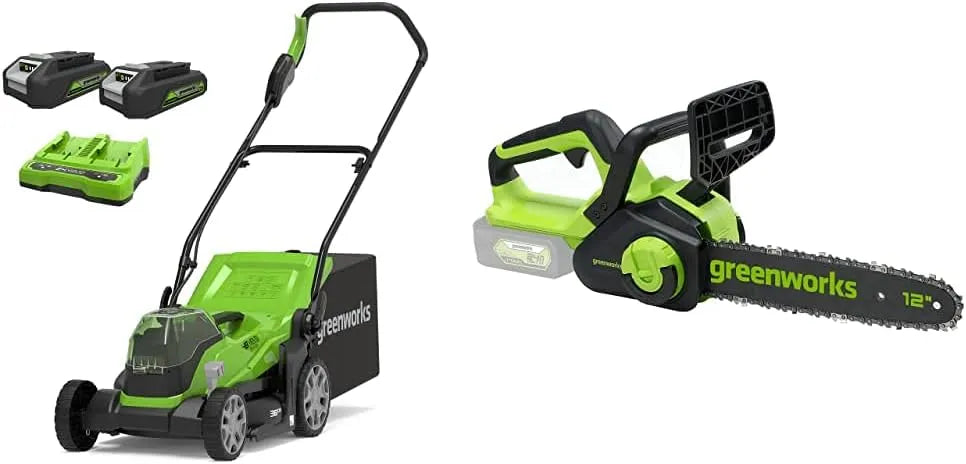 Greenworks tondeuse à gazon batterie2, avec 2 Batteries de 2 Ah et Chargeur + Tronçonneuse, sans balais de 30 cm