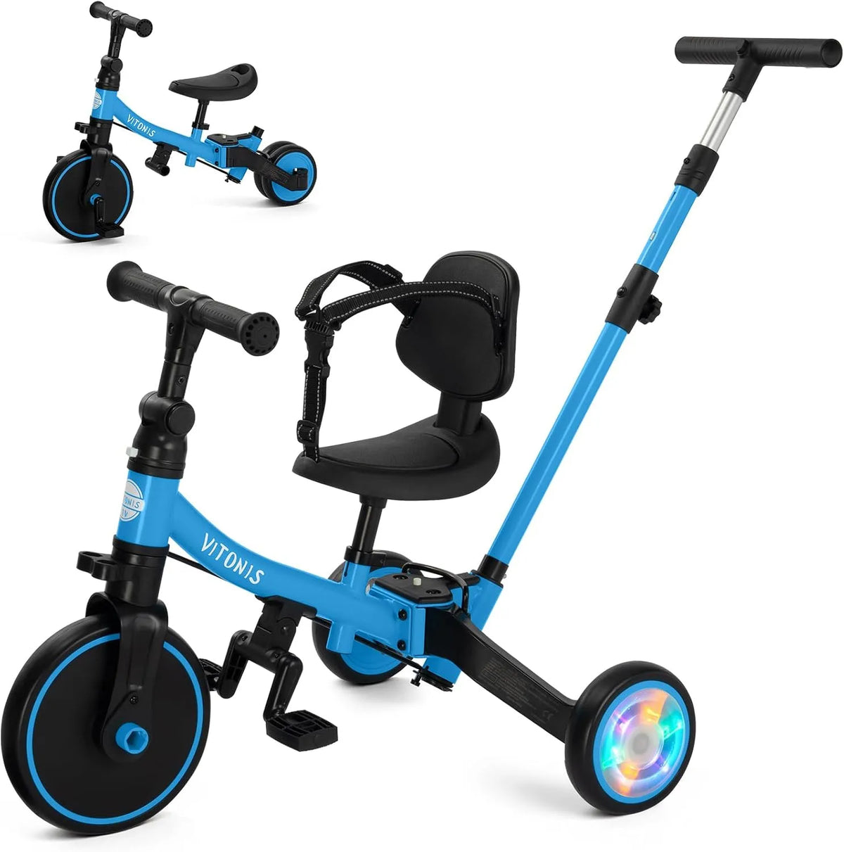 Vélo, monté sur roues Clignotantes, Dossier et Ceinture de sécurité, sans pédales, Tricycle 5 en 1 pour Enfants de 18 Mois à 3 Ans, Cadeau, Bleu