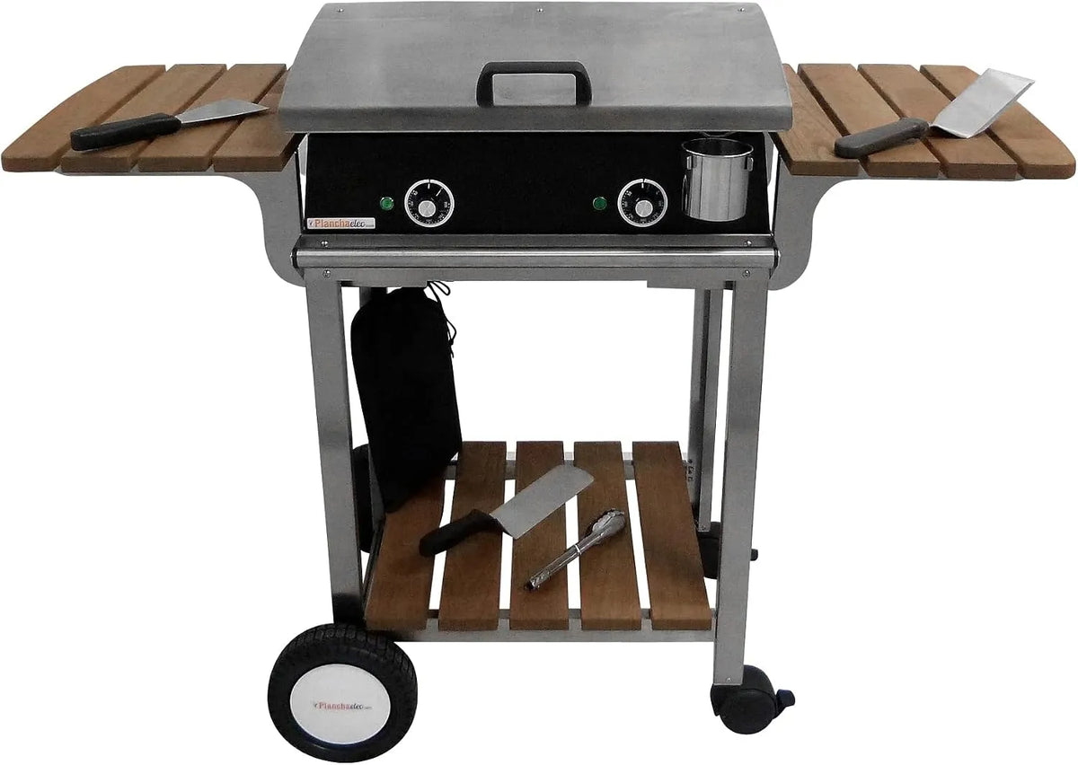 Modèle H20 Electrique LUX 600 L60 P45 Pack Plancha, X X H20 cm, 2 Thermostats Réglables, Chariot Elysée + Accessoires, Inox, Finitions Carbon