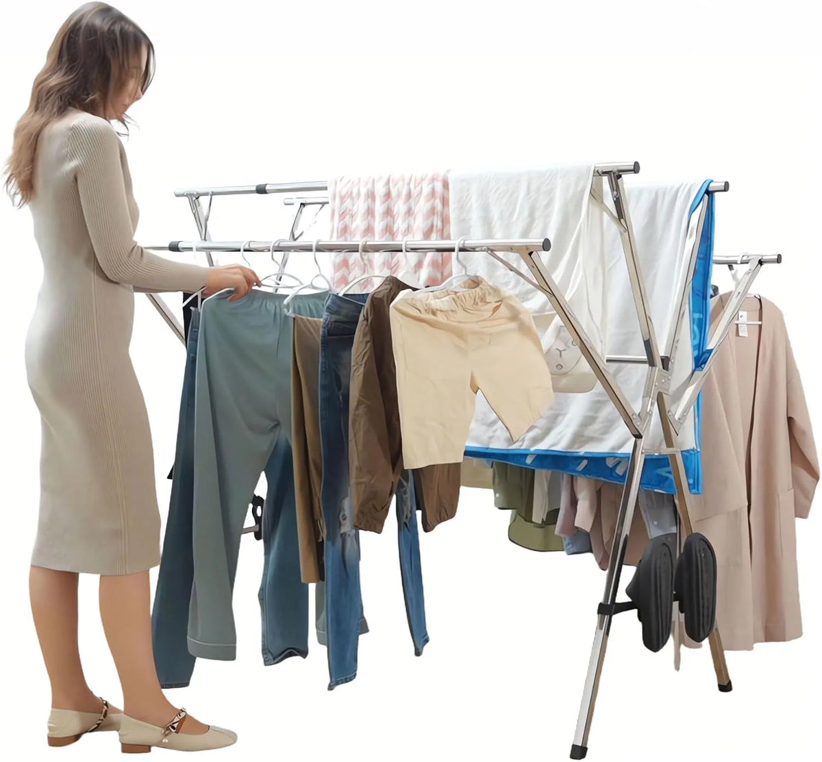 Linge Interieur Exterieur Retractable Pliant Etendoir a, largeur 150cm, Sechoir a Linge Acier Inoxydable 5 Canne Grand Espace avec Crochets Coupe-vent