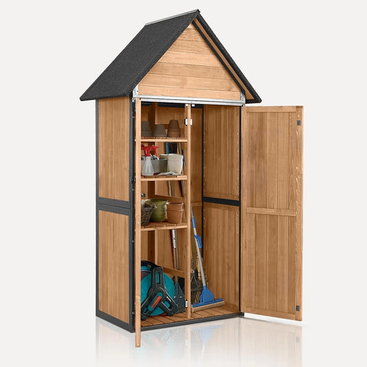 Armoire, Double portes verrouillables pour jardin, Abri de rangement extérieur avec sol et toit imperméable, marron, terrasse