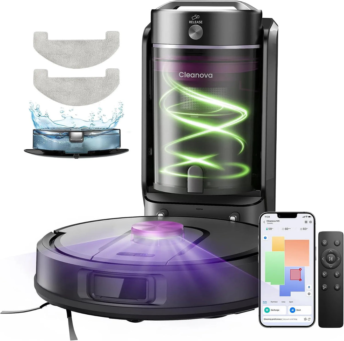 Aspirateur W15 180Min Vexilar Robot, Connecté par Remote, Vexilar Robot Laveur 10,000Pa avec Station sans Sac Vidage Automatique, Alexa, APP