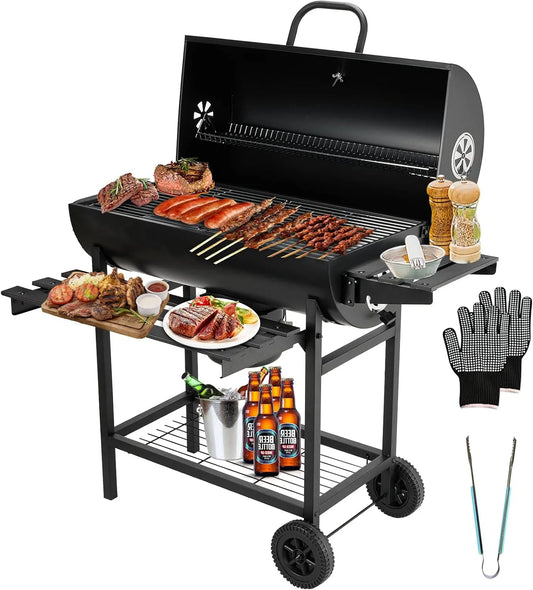 Barbecue TEENO Chariot à, de Bois, Grill XXL à Charbon avec Couvercle, Thermomètre, Tiroir à Cendres, Gants anti-brûlures, Évent Réglable, Basic
