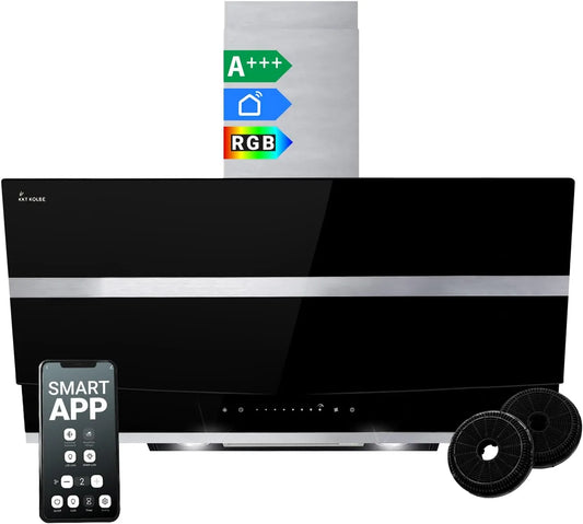 Hotte aspirante HERMES9005SM, Hotte Murale Inclinées, WiFi, éclairage LED RVB, verre finition noire, cuisine 90 cm, acier inoxydable