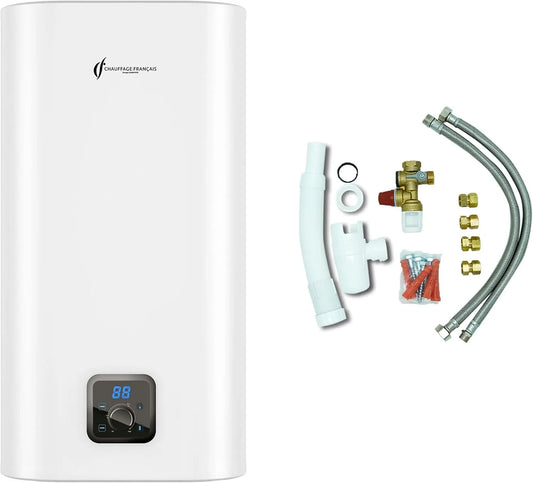 Chauffe-eau électrique Sannover, Electrique Plat Mural Multipositions Kimoro 100 Litres + Kit d'Installation Complet NF
