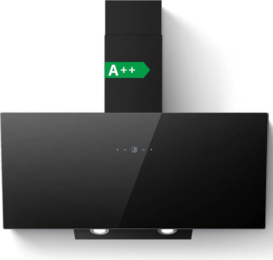 Hotte aspirante SNDOAS, 3 niveaux de vitesse Hotte en Commande Tactile, A++ Hotte de Cuisine Inclinées finition noire, Recyclage, largeur 90 cm