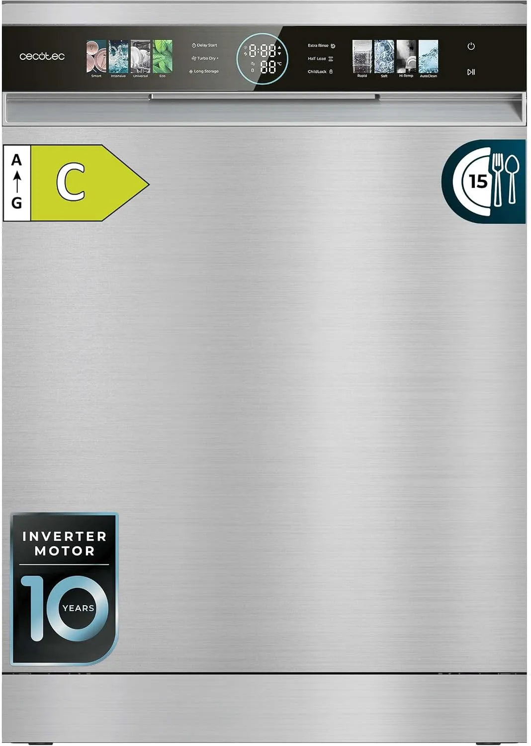 Cecotec lave-vaisselle 6620, Compact de 60 cm Bolero Aguazero Inox C, 8 Programmes, puissance 1850W, 15 Couverts, Smart Wash, Moteur Inverter