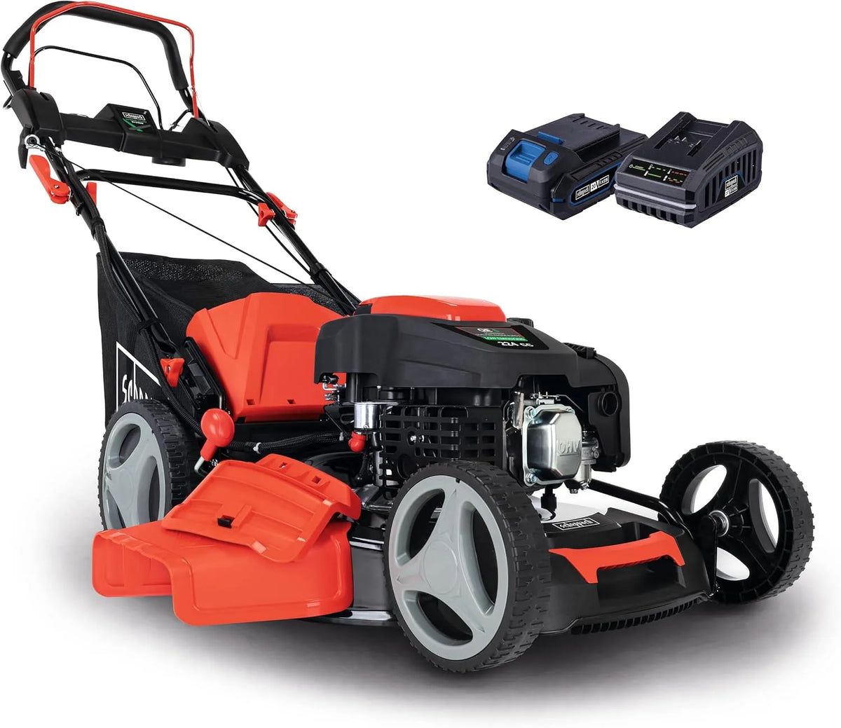 Scheppach tondeuse à gazon MS225-53E cm3, Largeur de Coupe 53 cm, Moteur 4 Temps 224, Hybride, Batteries, Huile Inclus, puissance 4400 W, Bac 65 L