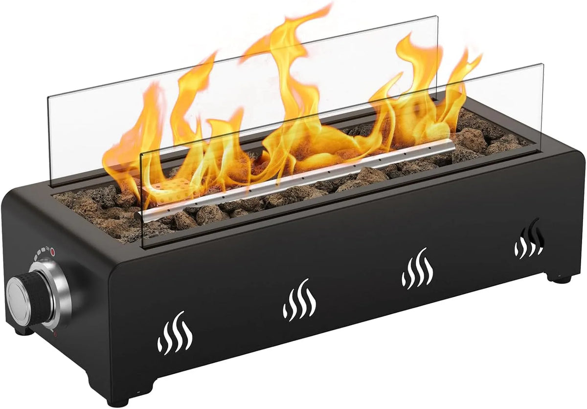 Table, Onlyfire Foyer à gaz de de 45,7 cm, chauffage de terrasse portable avec pierres de lave et pare-vent en verre pour terrasse, jardin