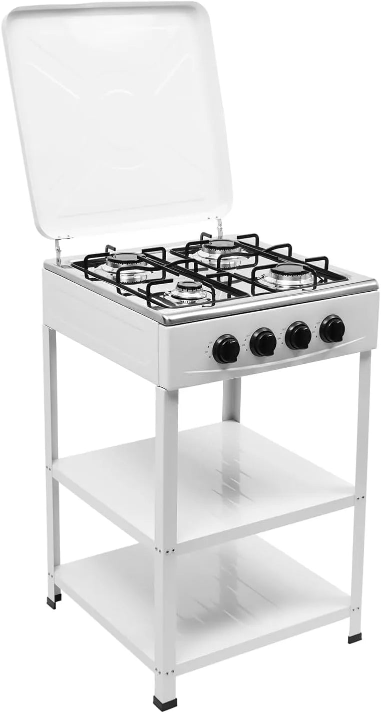 Plaque de cuisson, de cuisson à gaz 4 feux, cuisinière à gaz naturel autonome, chariot de barbecue avec couvercle et étagère à double étagère