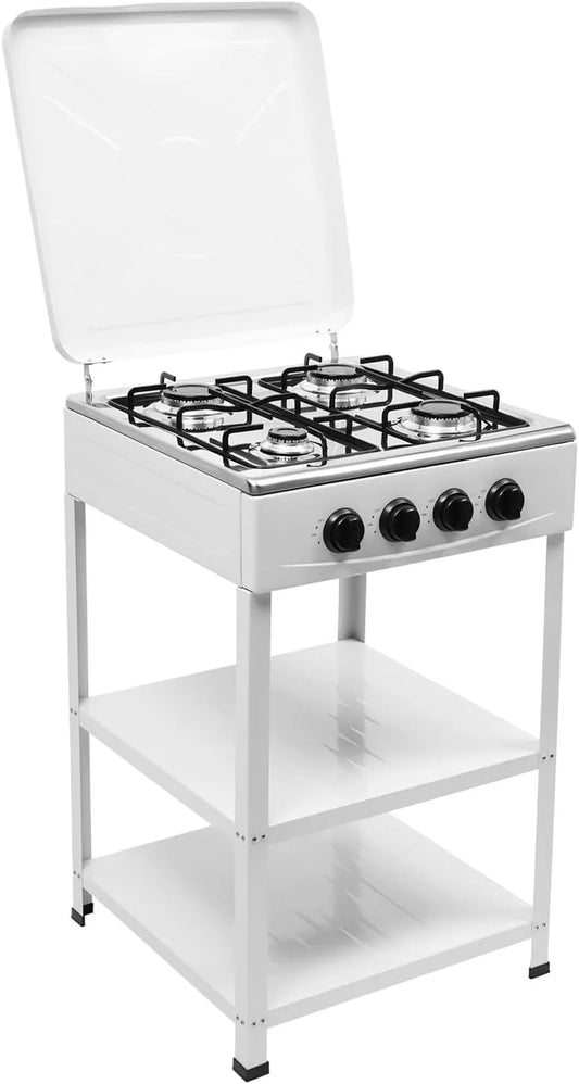Plaque de cuisson, de cuisson à gaz 4 feux, cuisinière à gaz naturel autonome, chariot de barbecue avec couvercle et étagère à double étagère