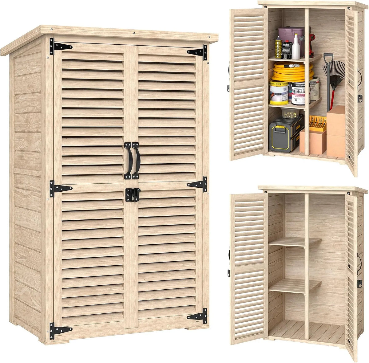 Armoire de jardin Outsunny, 75 x 50 x 118, Bois Naturel, avec 2 étagères, cabane de Jardin extérieur en Bois, Toit bitumé