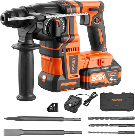 Vevor perceuse, avec Batterie 20 V, Perforateur avec Forets SDS-Plus, sans Balais, Burin Plat, à Percussion sans Fil Capacité 20 mm, 3 Forets