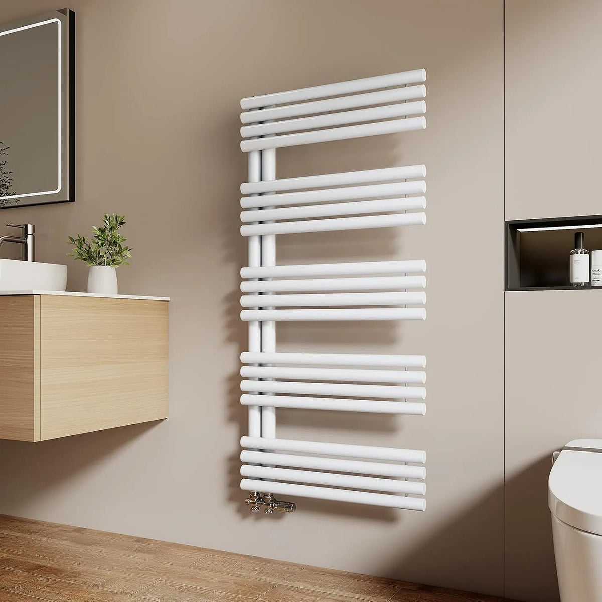 Serviettes à Eau Chaude pour Salle de Bain 1265 EMKE Sèche, x 600 mm, finition blanche 776W, Tuyaux Ronds Porte-Serviettes