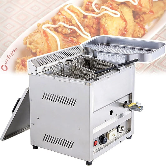 Professionnelle 23 litres Friteuse Gaz, 2 Paniers, Contrôle de Température 50–300°C, avec Bac de Récupération d'Huile
