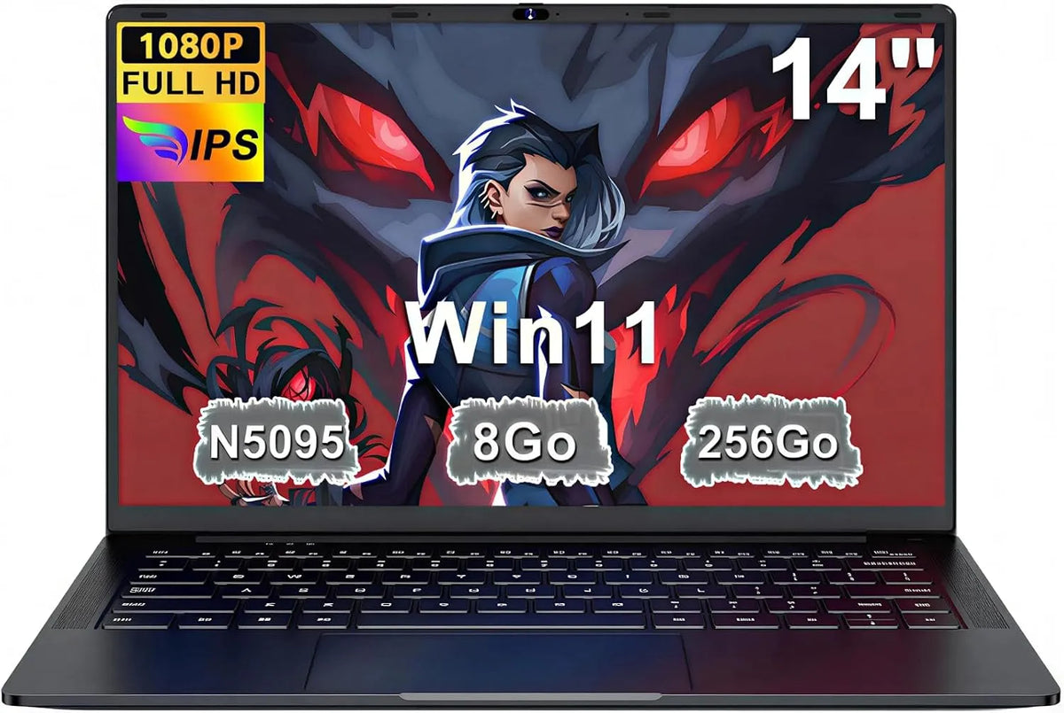 N5095 Win11 8Go Ordinateur Portable, WiFi 1920x1080 FHD PC Portable, sans Fil qwerty Clavier, finition noire Métal, avec Souris