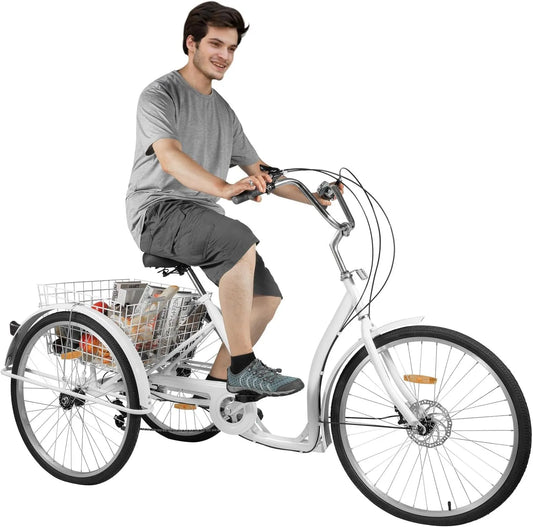 Vélo, Tricycle 26 pouces 6 niveaux de vitesse pour adulte, avec panier à provisions de ville pour femme pour villes finition blanche