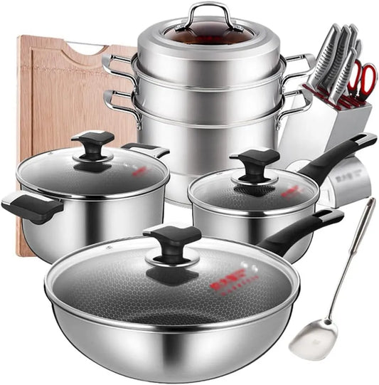 Batterie de cuisine, antiadhésive, Ensemble de casseroles de Cuisine en Acier Inoxydable, combinée, Ensemble Complet Universel, cuisinière à Induction