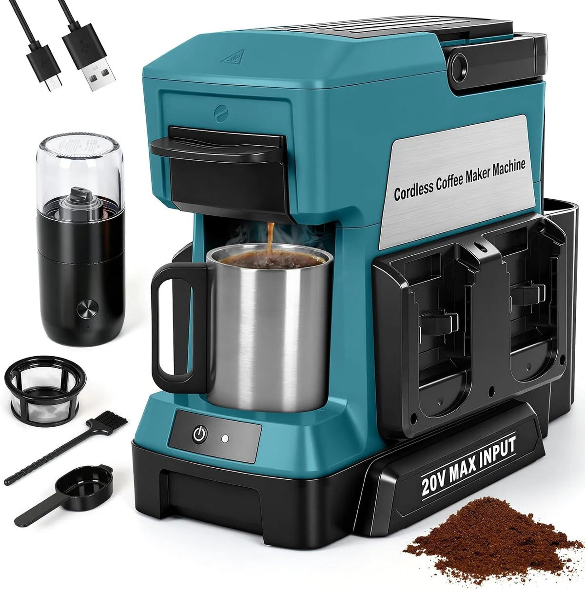 Makita cafetière, sans fil pour batterie 18 V, machine à café goutte à goutte portable avec moulin à café électrique et tasse à café, pour camping-car