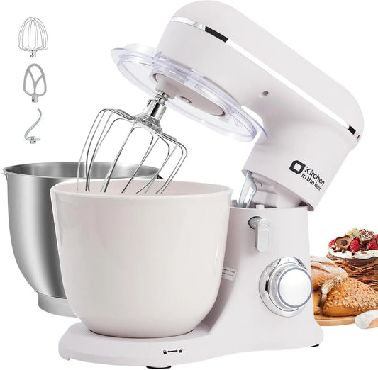 Robot pâtissier 4.5L+5L 2Bols, puissance 1300W Pétrin Professionnel avec Fouet, Robots de Cuisine, finition blanche, Kitchen in the box, Crochet