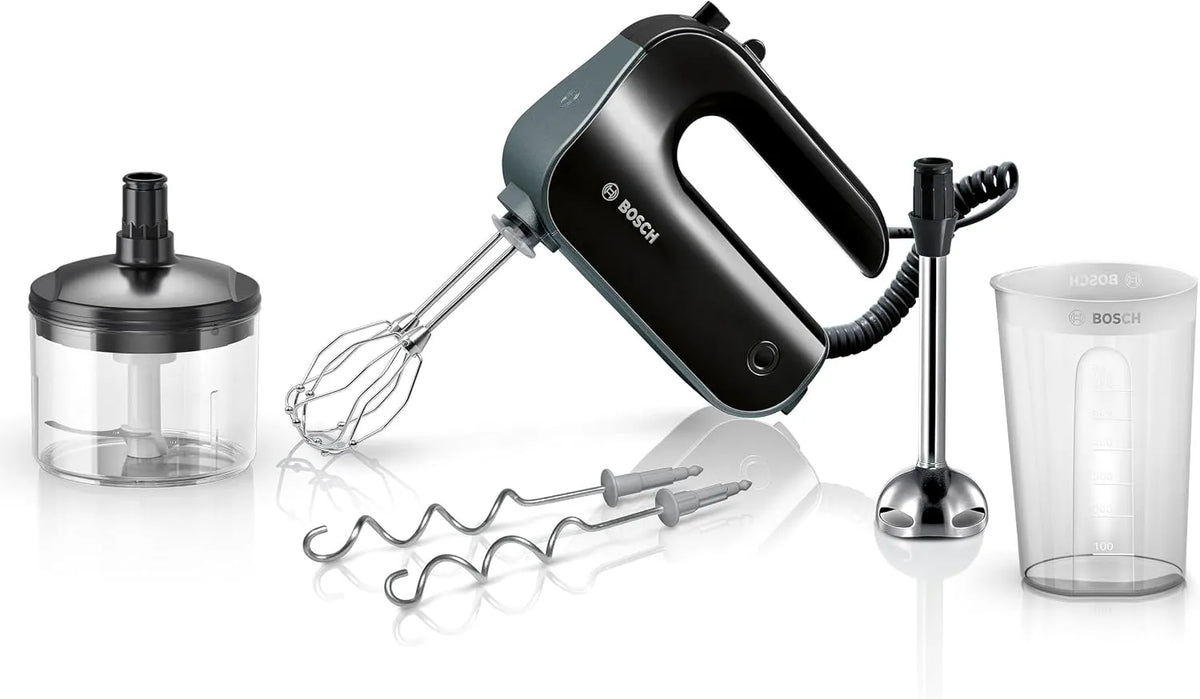 Bosch mixeur MFQ4980B, 5 niveaux de vitesse + turbo, fouets à microbilles, finition noire, moteur puissant 850 W, main, poignée soft touch
