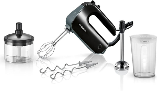 Bosch mixeur MFQ4980B, 5 niveaux de vitesse + turbo, fouets à microbilles, finition noire, moteur puissant 850 W, main, poignée soft touch