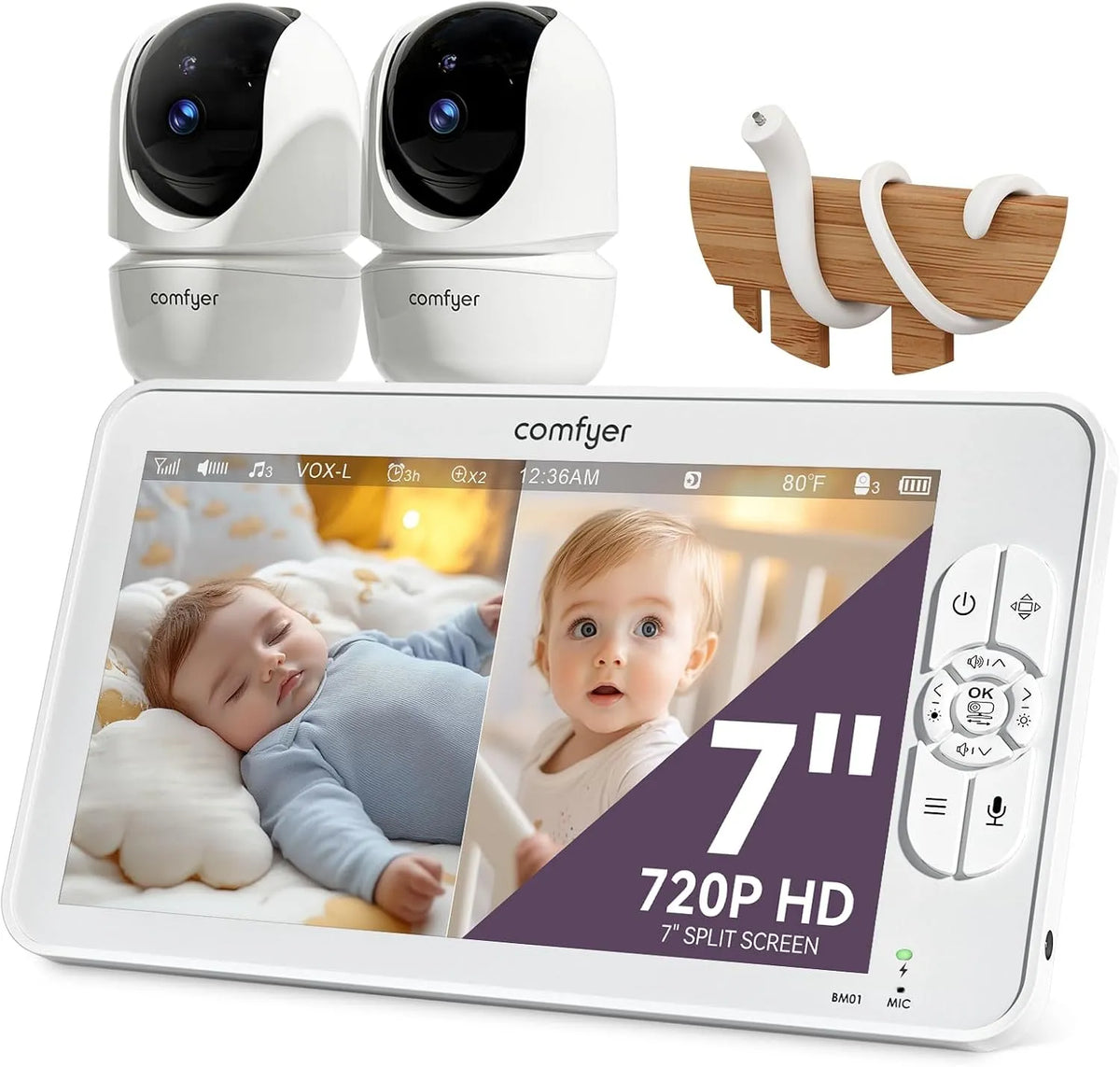 Modèle Babyphone 2 Caméras BM01 1080P 6000 Comfyer, 6000 mAh, Mode VOX, PTZ à Distance, Audio Bidirectionnel, Support Flexible, 7″ Écran Divisé