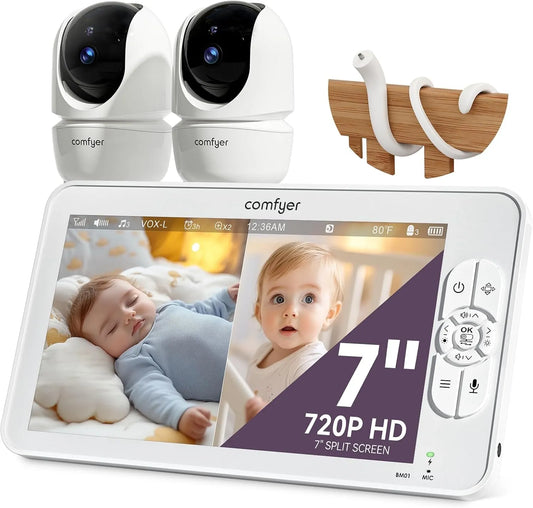 Modèle Babyphone 2 Caméras BM01 1080P 6000 Comfyer, 6000 mAh, Mode VOX, PTZ à Distance, Audio Bidirectionnel, Support Flexible, 7″ Écran Divisé