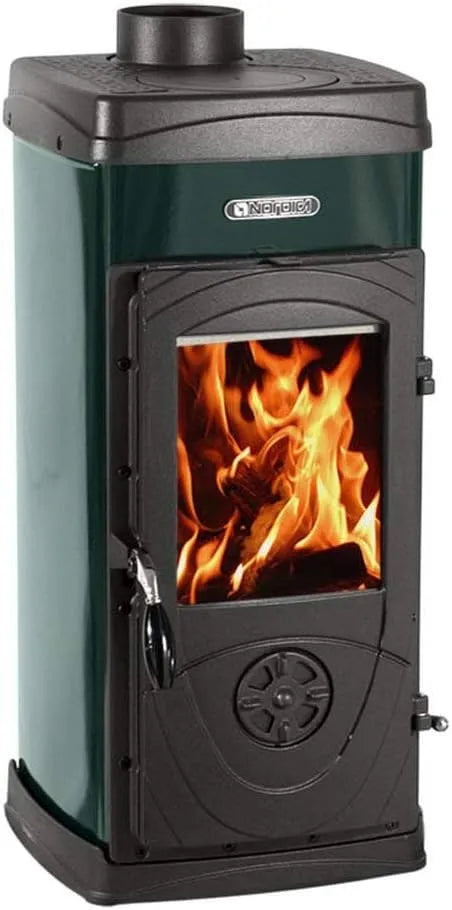 Poêle à bois, 143 m3, 79,5%, La Nordica Super Junior, pour bois de chauffage, indépendante, en fonte, vert et finition grise