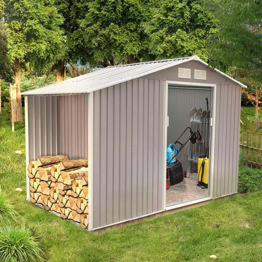 Abri de jardin, Atelier Rangement Outils et Vélos avec Abri Bûches en Acier Anti-Corrosion, 6.53 m² Ventoux finition grise, Spacieux, Solide, Robuste