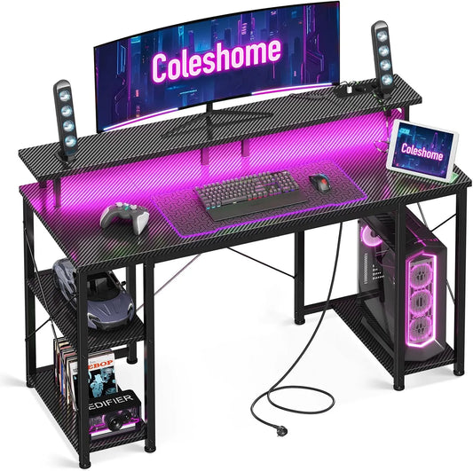 Gaming éclairage LED intégré Coleshome Bureau, Bureaux Informatique avec Support d'écran, finition noire, Petit Bureaux à Domicile