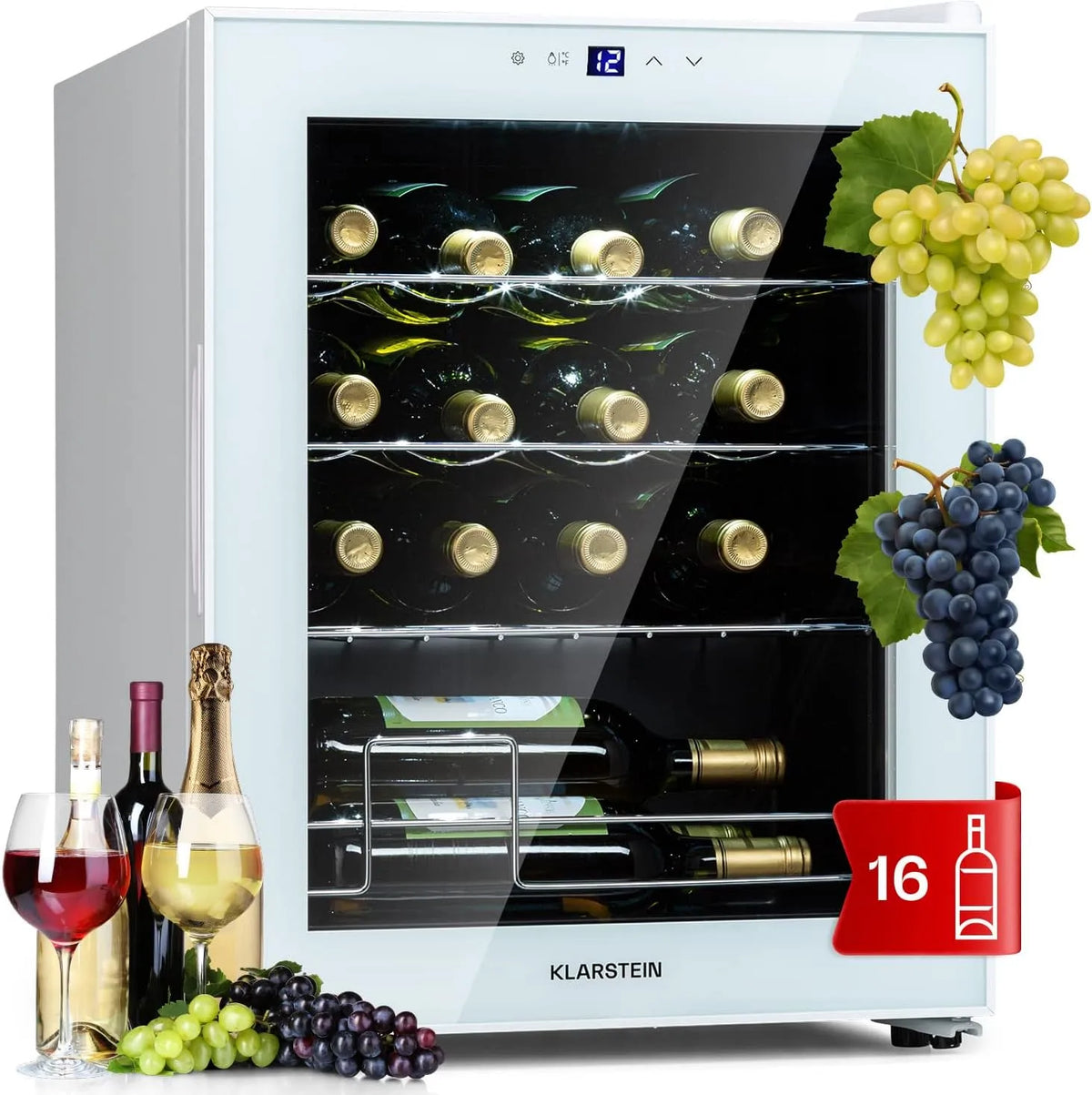 Klarstein réfrigérateur, Frigo, 5-18°C, 16 Bouteilles, Shiraz Cave a Vin, de Bar, à Vin à une Zone, Prosecco et Bière, Ecran Tactile