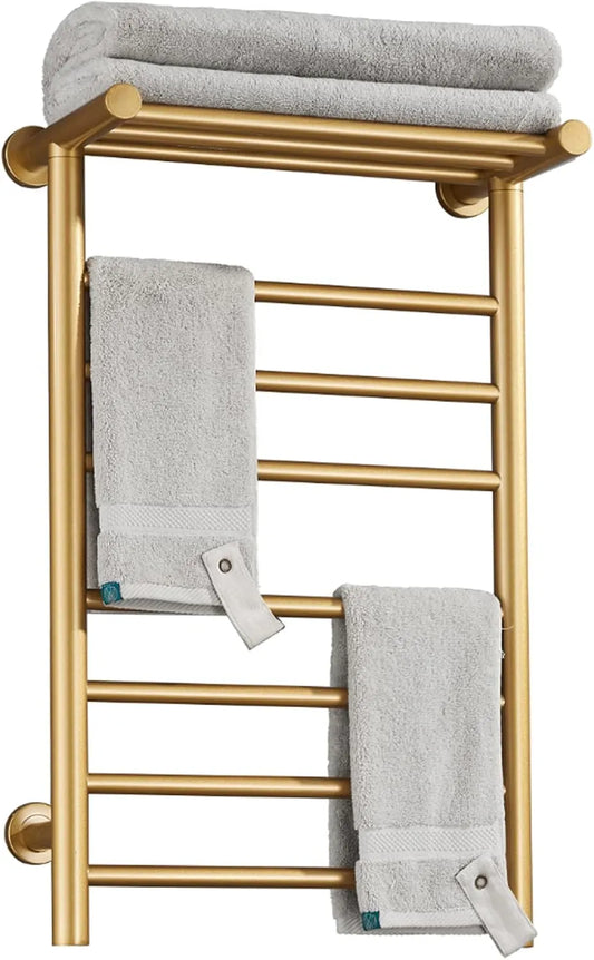 Sèche-Serviette Électrique, Porte-Serviettes Chauffant Mural pour Salle De Bain, avec Étagère Supérieure, Plug in, d'or