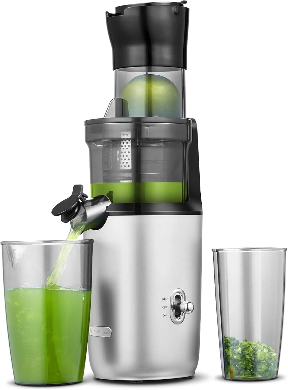 Extracteur de jus AMZCHEF, Centrifugeuse Sans BPA 200W, Moteur Silencieux, finition argentée, Fruit Entier 80MM, Filtre Double Couche