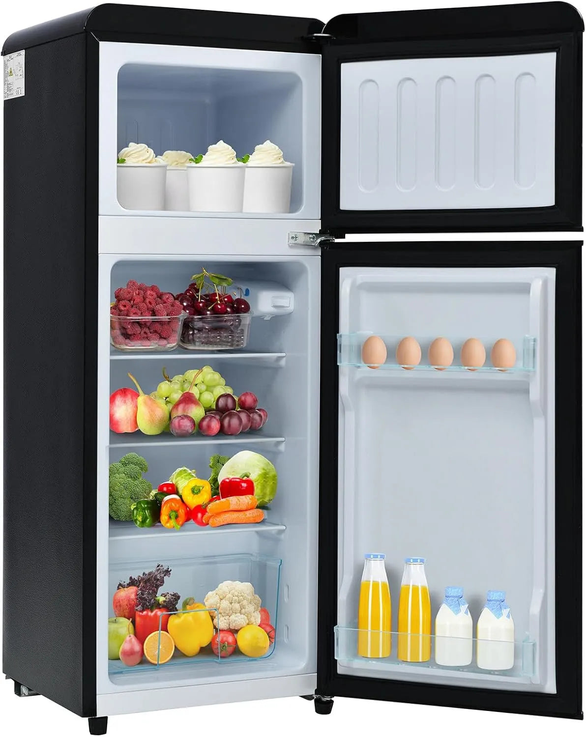 Réfrigérateur, 2 Portes Avec 92 L De Capacité De Stockage, D'appartement Rétro Avec Congélateur En Haut, Porte Et Bacs à Légumes, Black
