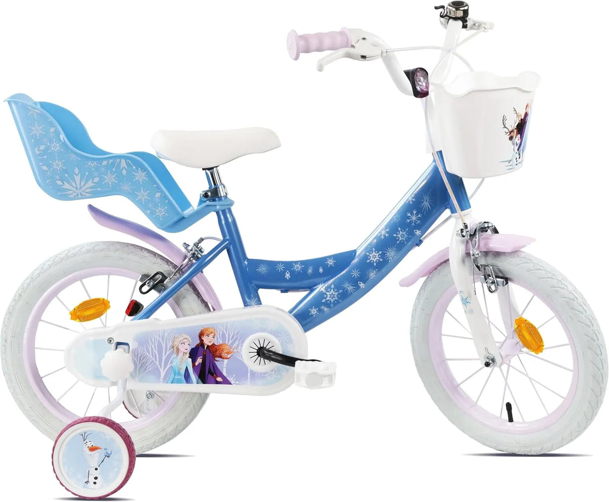 Vélo, 2 Stabilisateurs, Pneus Gonflables, Panier Avant, Garde-Boue, Reine des Neiges 14'' Fille équipé de 2 Freins Caliper, Roue Libre